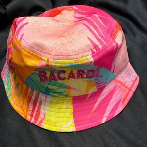 Bacardi Bucket Hat Tropical Palm Leaf Print Pink Yellow Summer Festival Beach